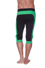 Mens cuffed yoga pants in black with neon green accents featuring elastic waistband and ribbed cuffs