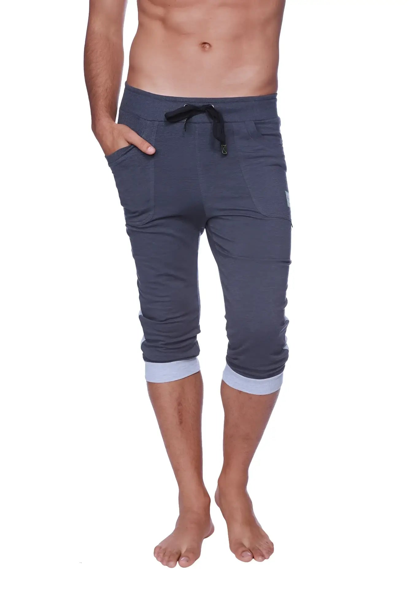 Mens cuffed yoga pants charcoal with heather grey featuring dark gray textured fabric black drawstring and light blue cuffs