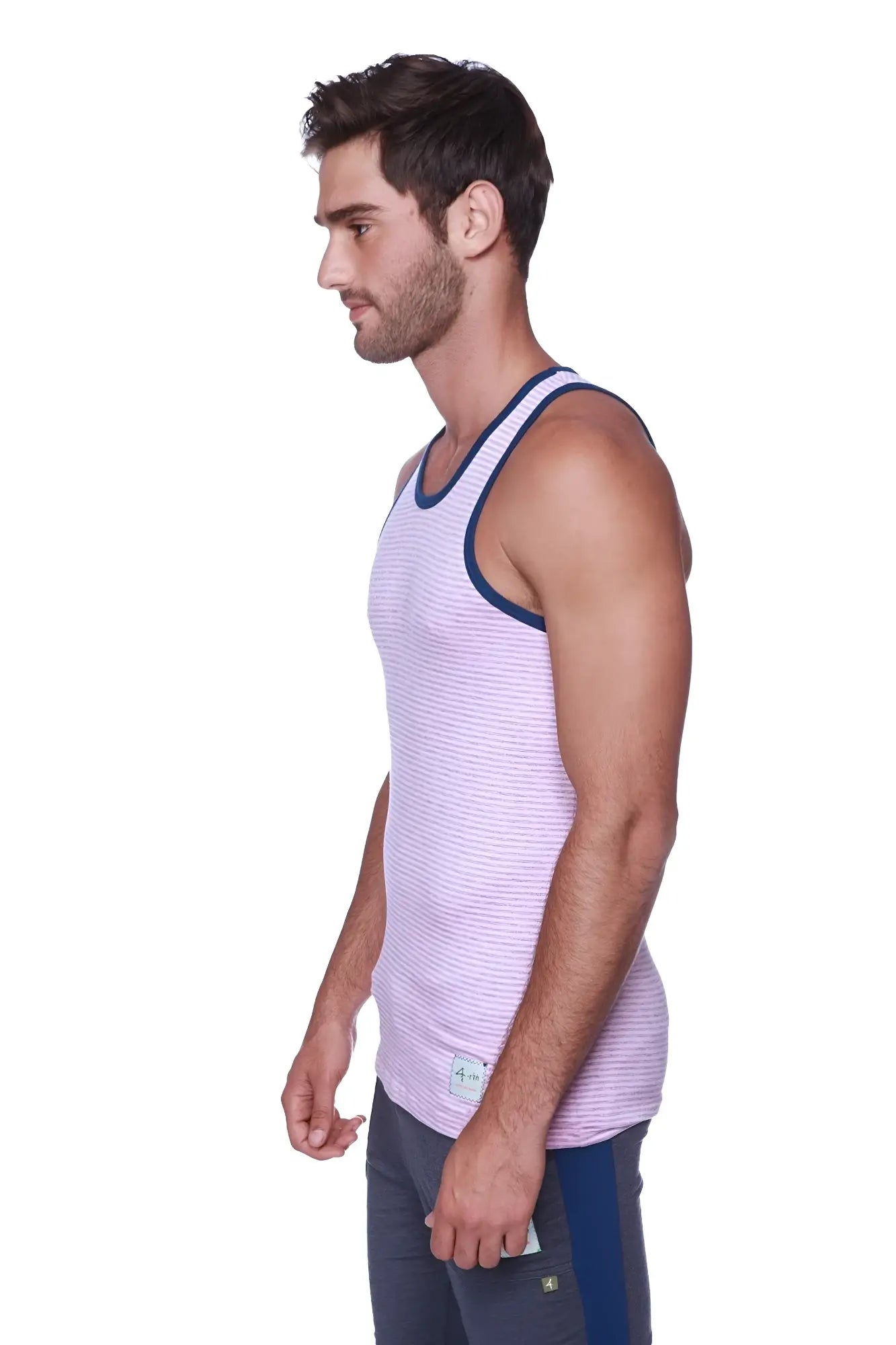 A light purple and white striped tank top with navy blue trim paired with mens cuffed charcoal yoga pants with royal blue accents
