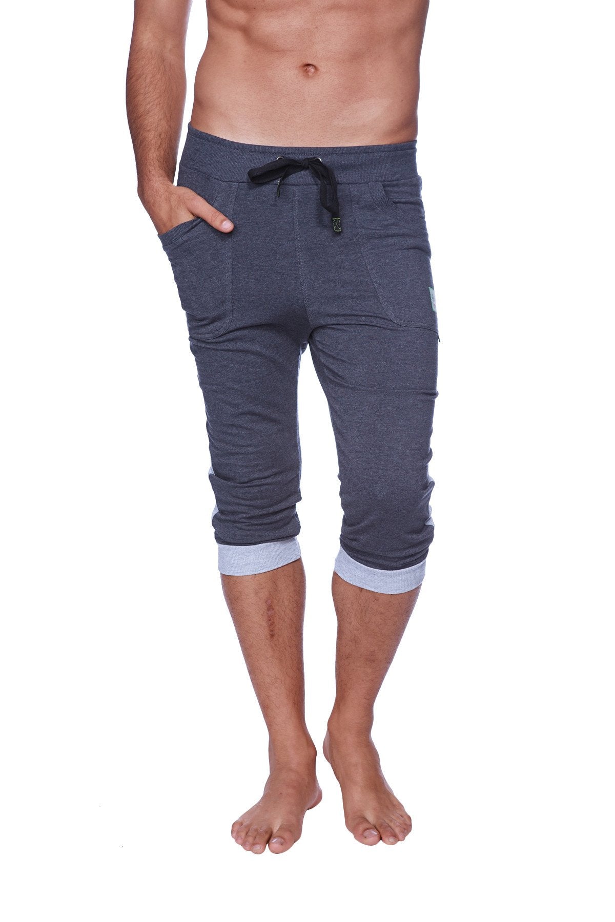 Mens cuffed yoga pants charcoal with heather grey featuring dark gray textured fabric black drawstring and light blue cuffs