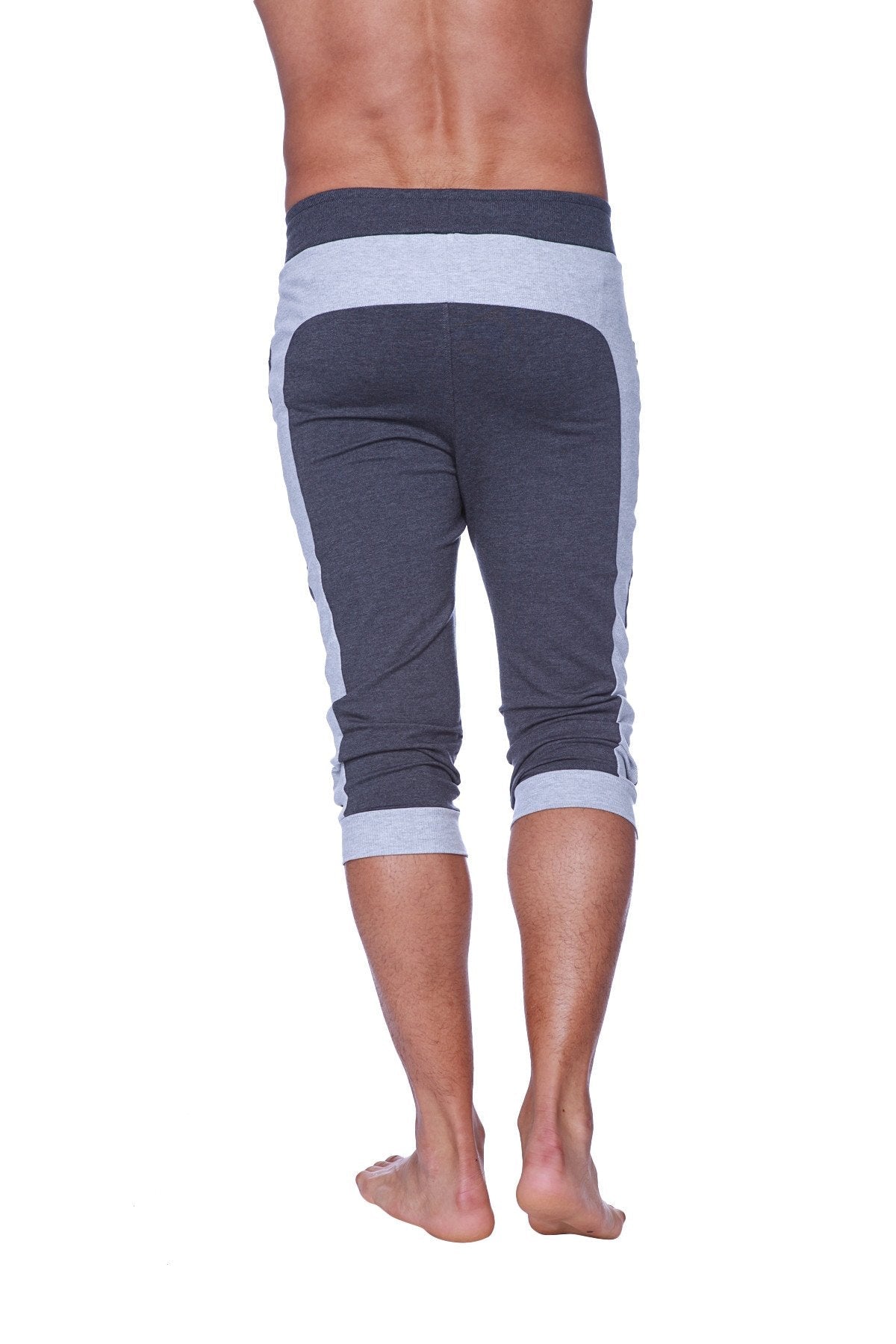 Mens cuffed yoga pants in charcoal and heather grey with dark and light gray stripes made of soft stretchy fabric