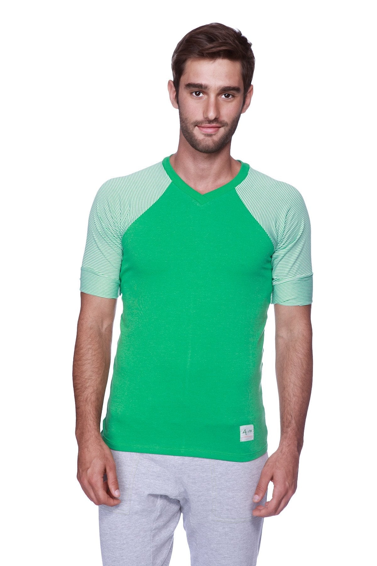 Mens green v-neck t-shirt with light green striped raglan sleeves paired with heather grey green yoga pants