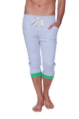 Mens cuffed yoga pants in heather grey with green contrasting cuffs and white drawstring waistband