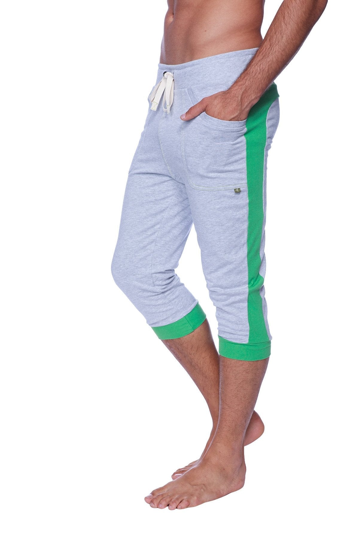 Mens cuffed yoga pants heather grey with green side stripes and cuffs featuring a drawstring waistband