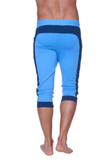 Mens cuffed yoga pants in ice blue with royal blue contrasting side stripes designed for athletic use
