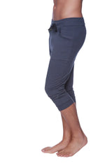 Mens cuffed yoga pants in solid charcoal with soft texture drawstring waistband and side pockets for comfort