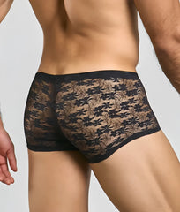 Black floral lace men’s mesh lace pouch trunk briefs with sheer patterned design and solid black waistband