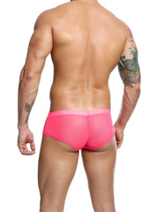 Men’s sheer hip brief in bright pink mesh with a solid pink waistband for comfortable lightweight wear
