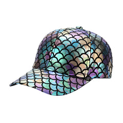 A shimmering iridescent merman cap with teal purple and gold mermaid scale pattern baseball hat