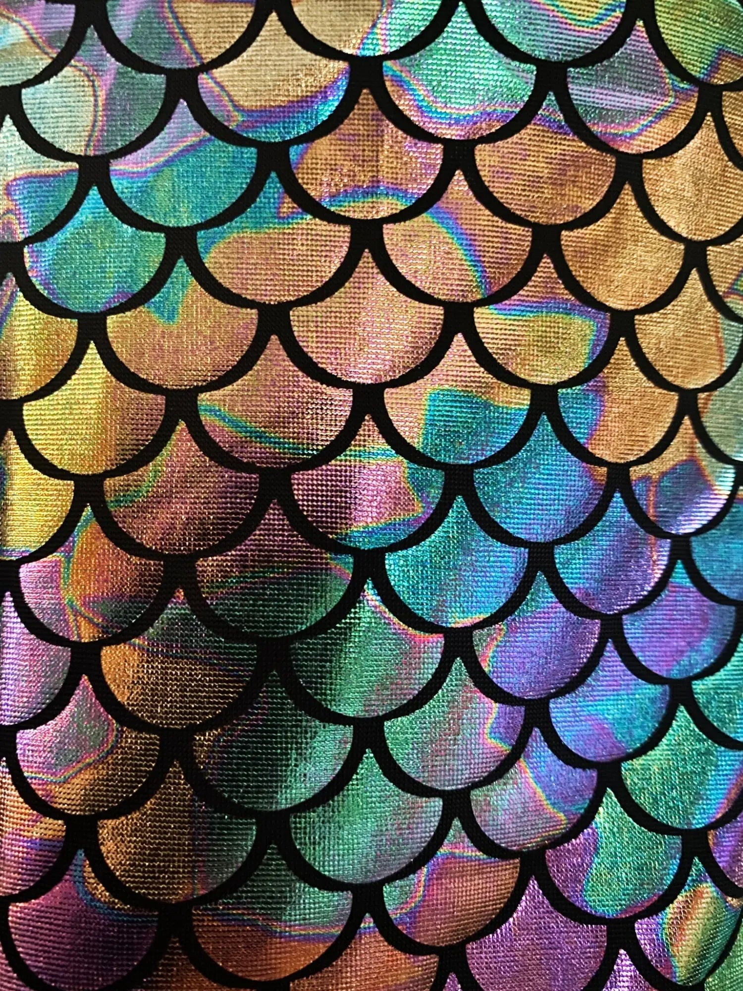 Merman hooded crop tank with iridescent mermaid scale patterned fabric and black outlines