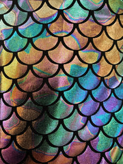 Merman hooded crop tank with iridescent mermaid scale patterned fabric and black outlines