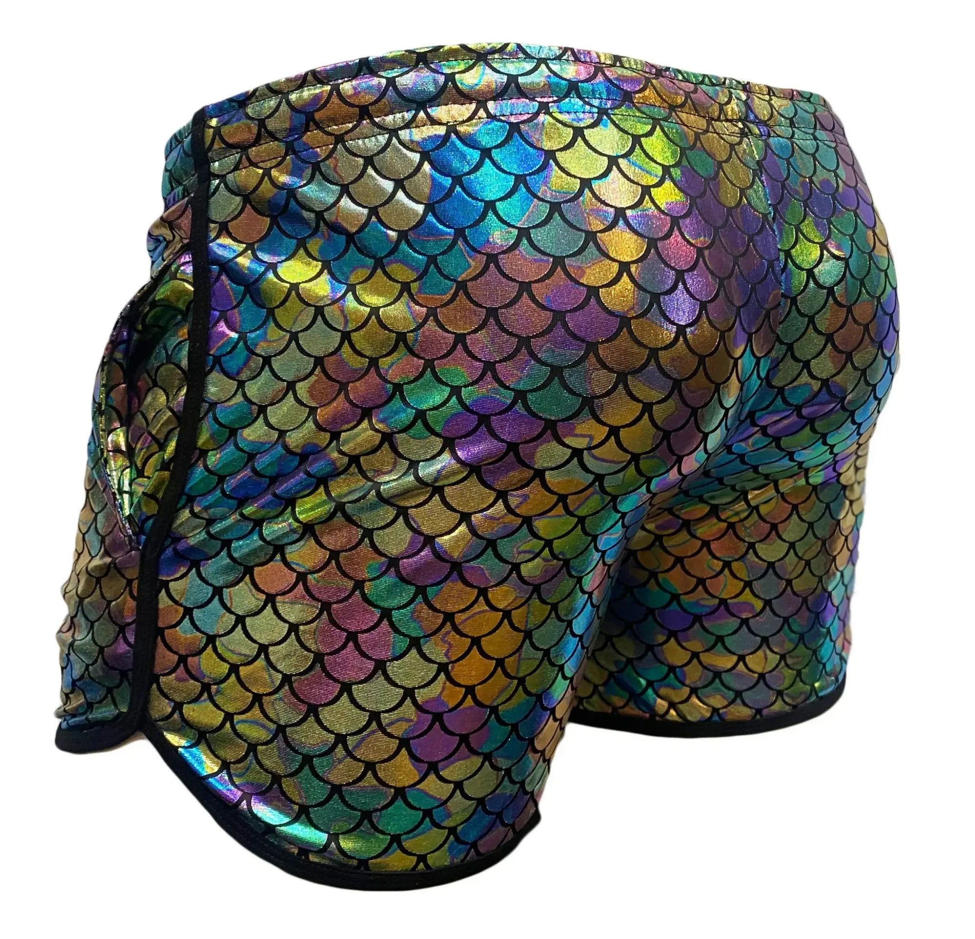 Iridescent mermaid-scale patterned merman short with black trim showcasing front view design and material details