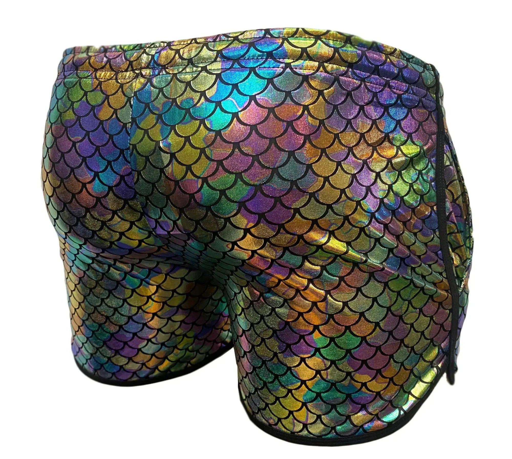 Merman short iridescent mermaid scale swim trunks with shiny multicolored finish for vibrant beachwear