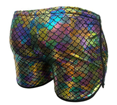 Merman short iridescent mermaid scale swim trunks with shiny multicolored finish for vibrant beachwear