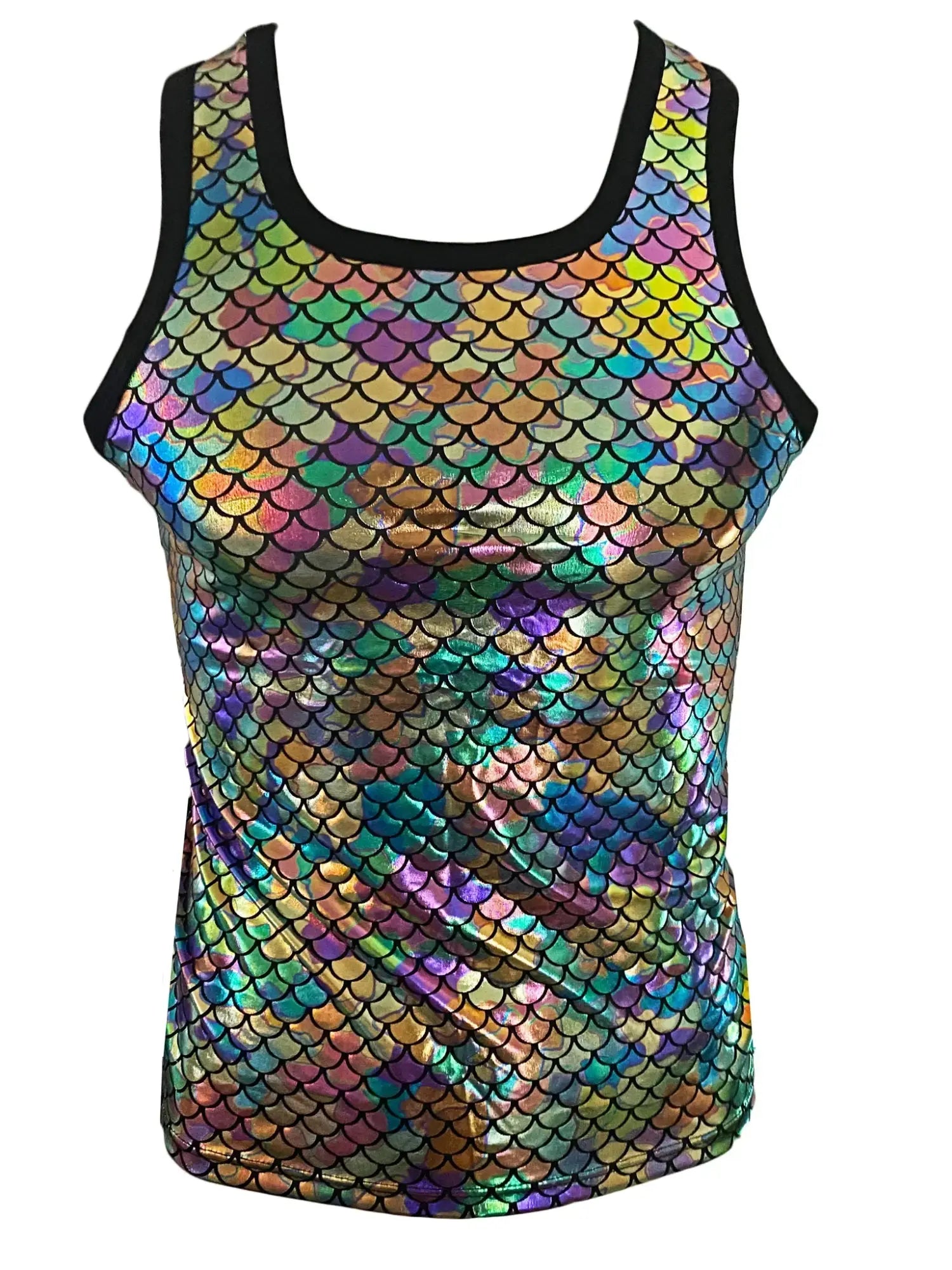 Merman tank shimmering iridescent tank top with vibrant multicolored fish scale pattern and black trim