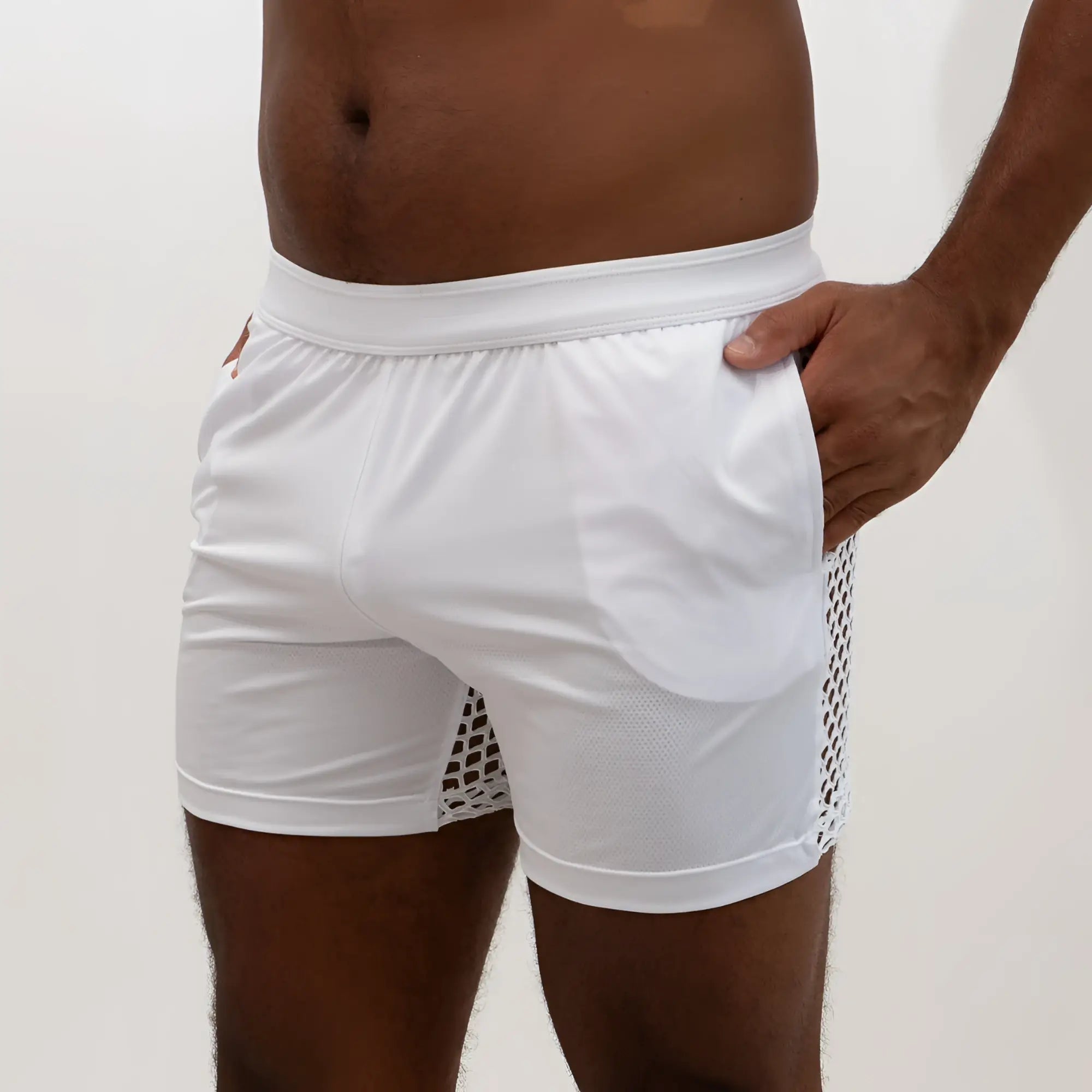 White athletic shorts mesh back short with mesh side panel and solid fabric main body for sports and workouts