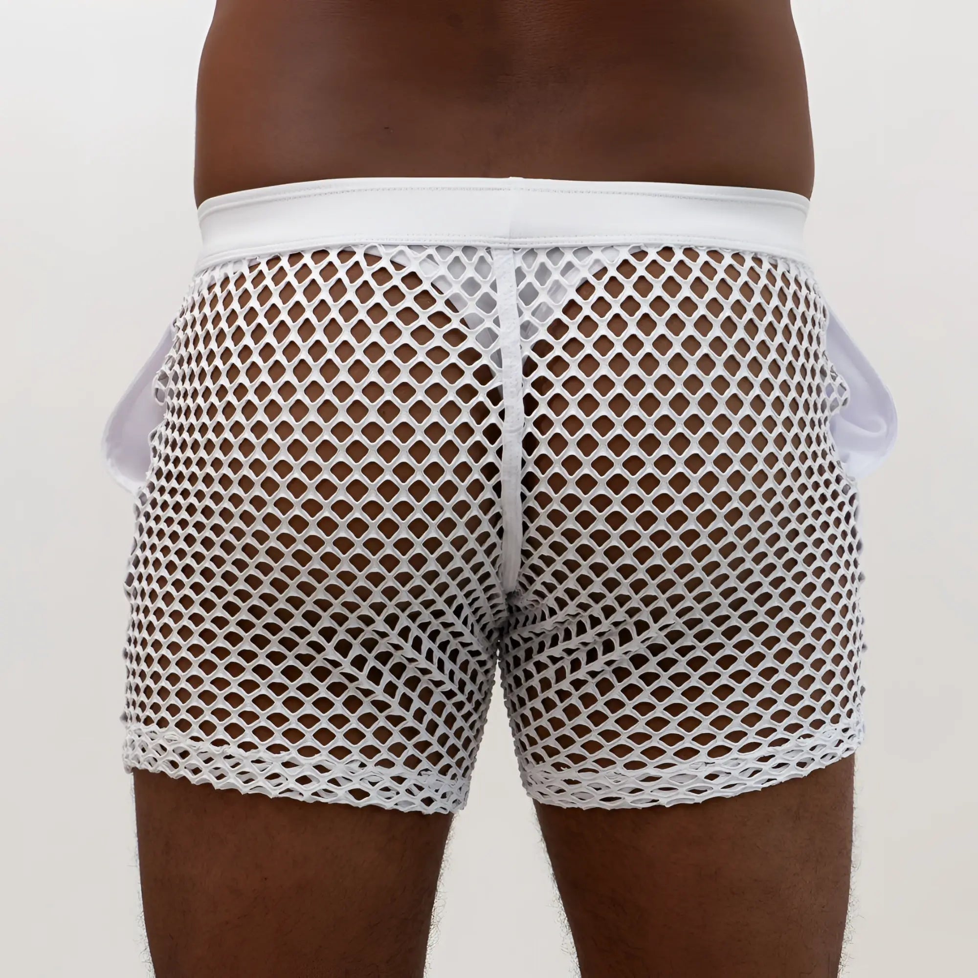 White mesh boxer shorts with a solid white waistband and side pockets showing the back in the mesh back short design