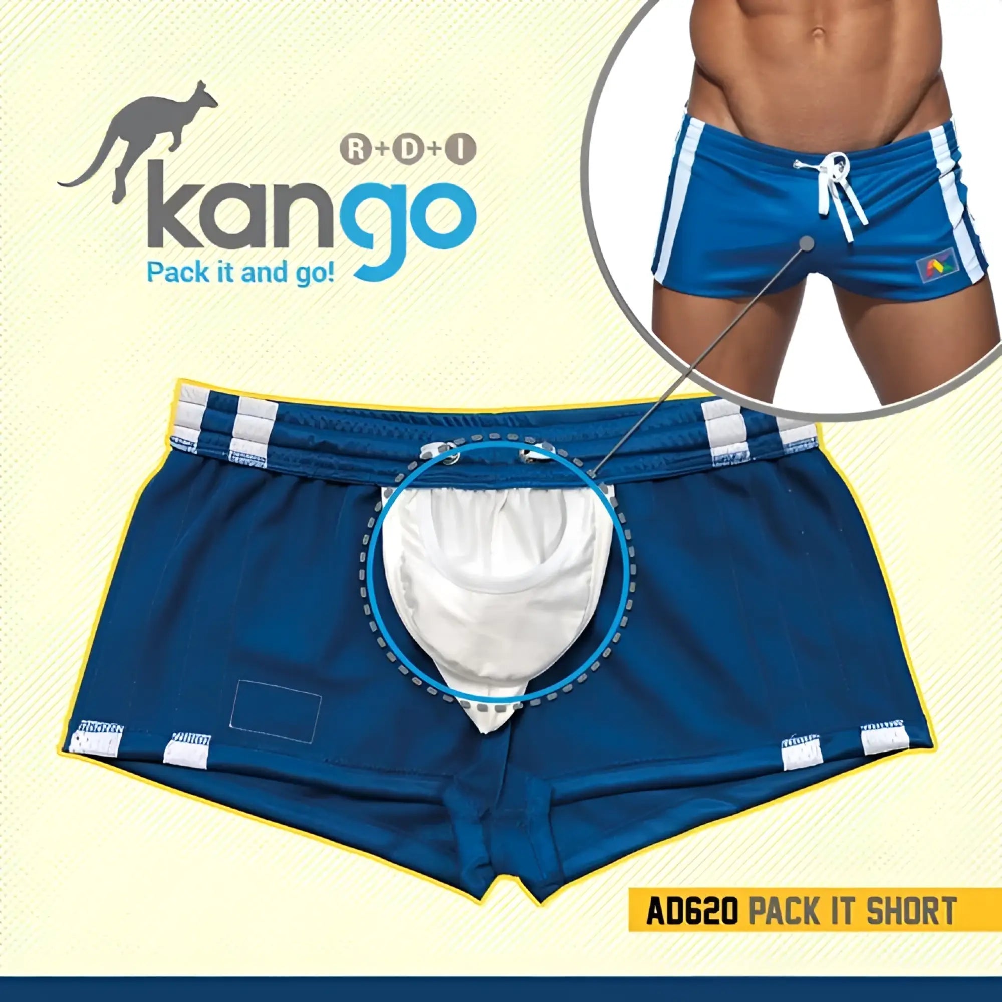 Blue kangoo ad620 pack it short swim trunks with white side stripes and built-in pouch from mesh basic rocky collection