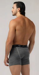 Gray heathered mesh combo trunks boxer briefs with black elastic waistband featuring ae logo in front view