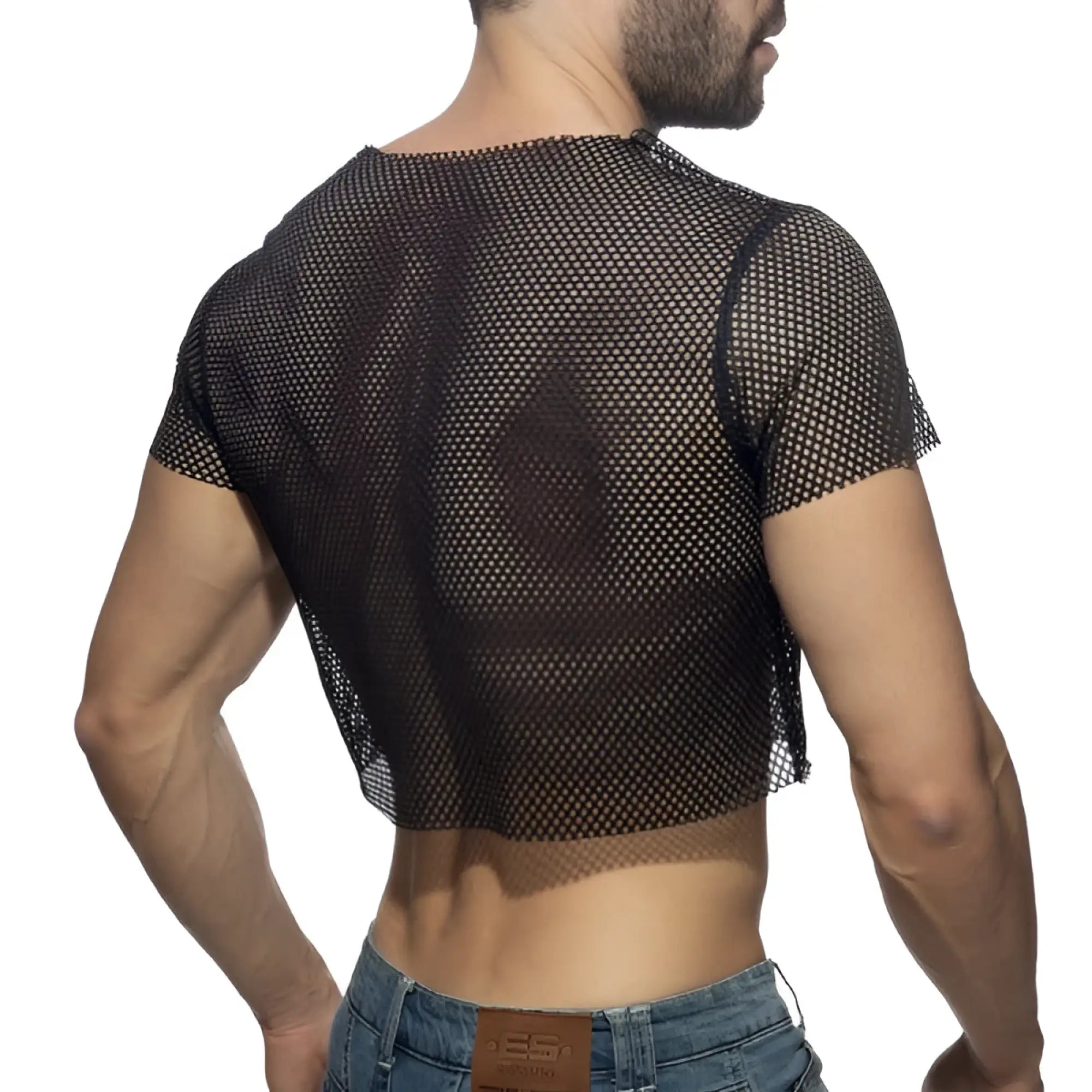 Black mesh crop top with short sleeves and round neckline made of breathable sheer fabric for stylish casual wear