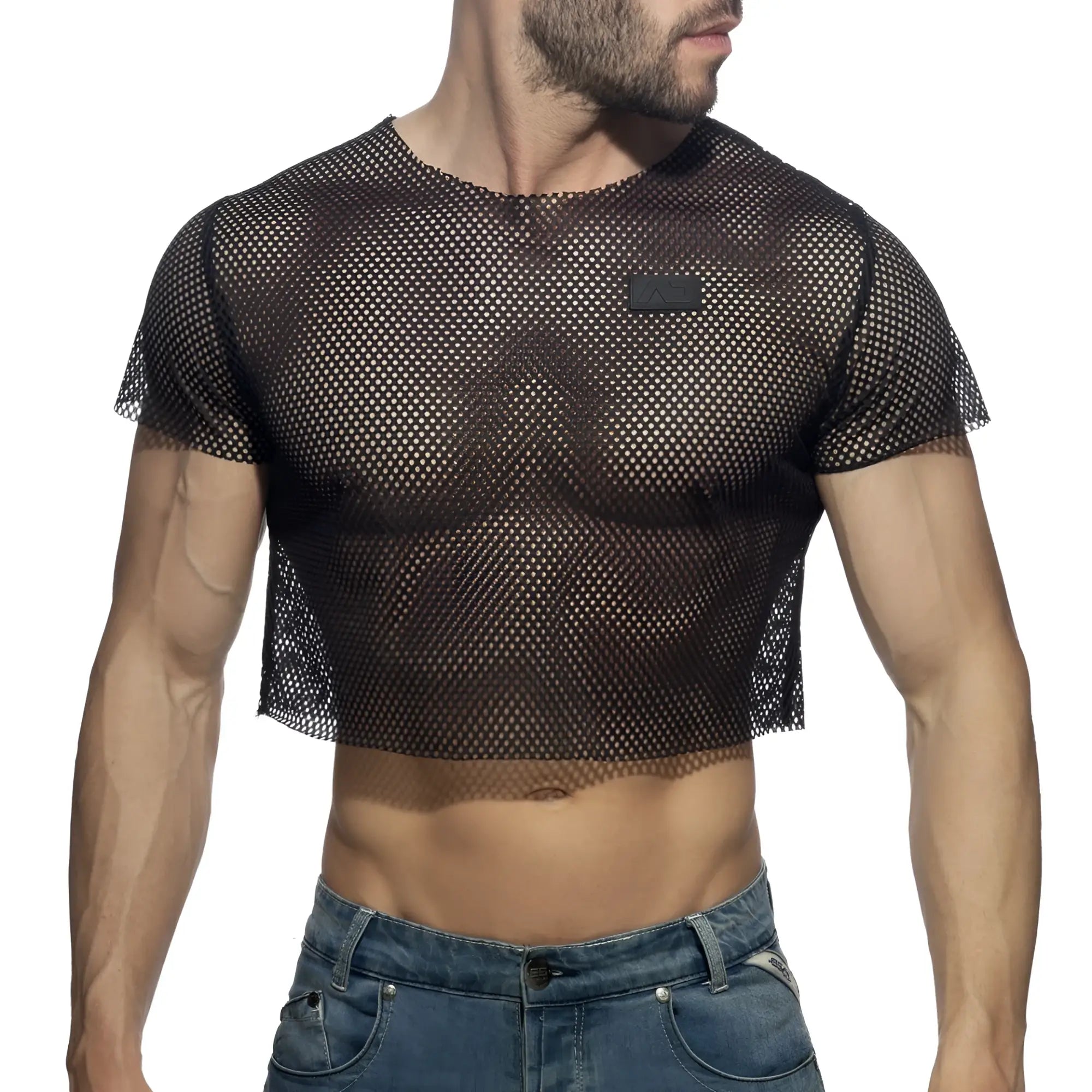 Black mesh crop top with short sleeves featuring a small rectangular chest patch for stylish casual wear