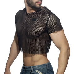 Black mesh crop top with short sleeves and round neckline showcasing breathable sheer fabric design