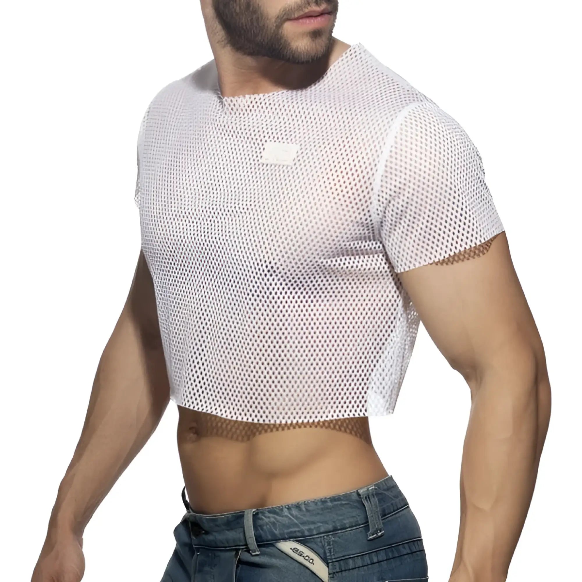 White mesh crop top with short sleeves and a small rectangular patch on the chest for stylish summer wear
