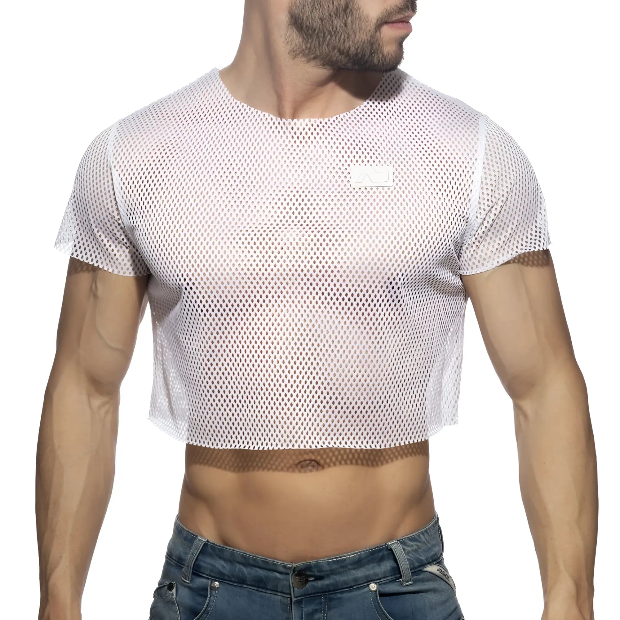 White mesh crop top with short sleeves and round neckline made of breathable mesh material