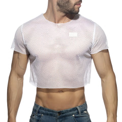 White mesh crop top with short sleeves and round neckline made of breathable mesh material