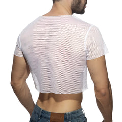 White mesh crop top with short sleeves and round neckline made of breathable mesh fabric