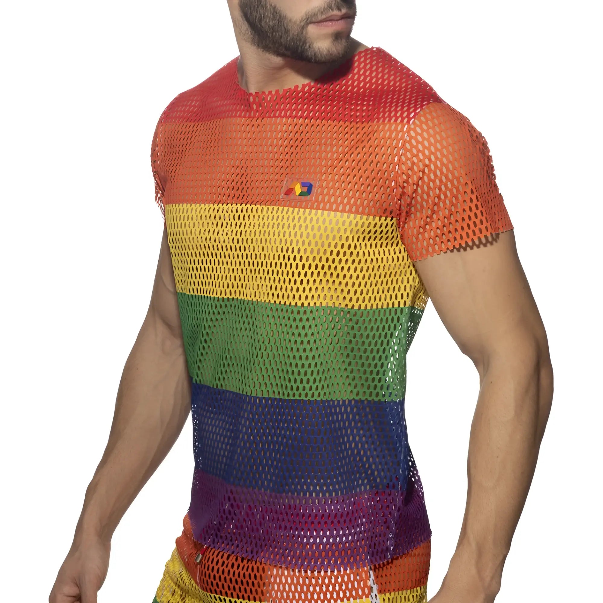 Mesh rainbow t-shirt featuring rainbow stripes mesh fabric and a small logo on the chest for casual wear