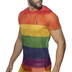 Mesh rainbow t-shirt featuring rainbow stripes mesh fabric and a small logo on the chest for casual wear
