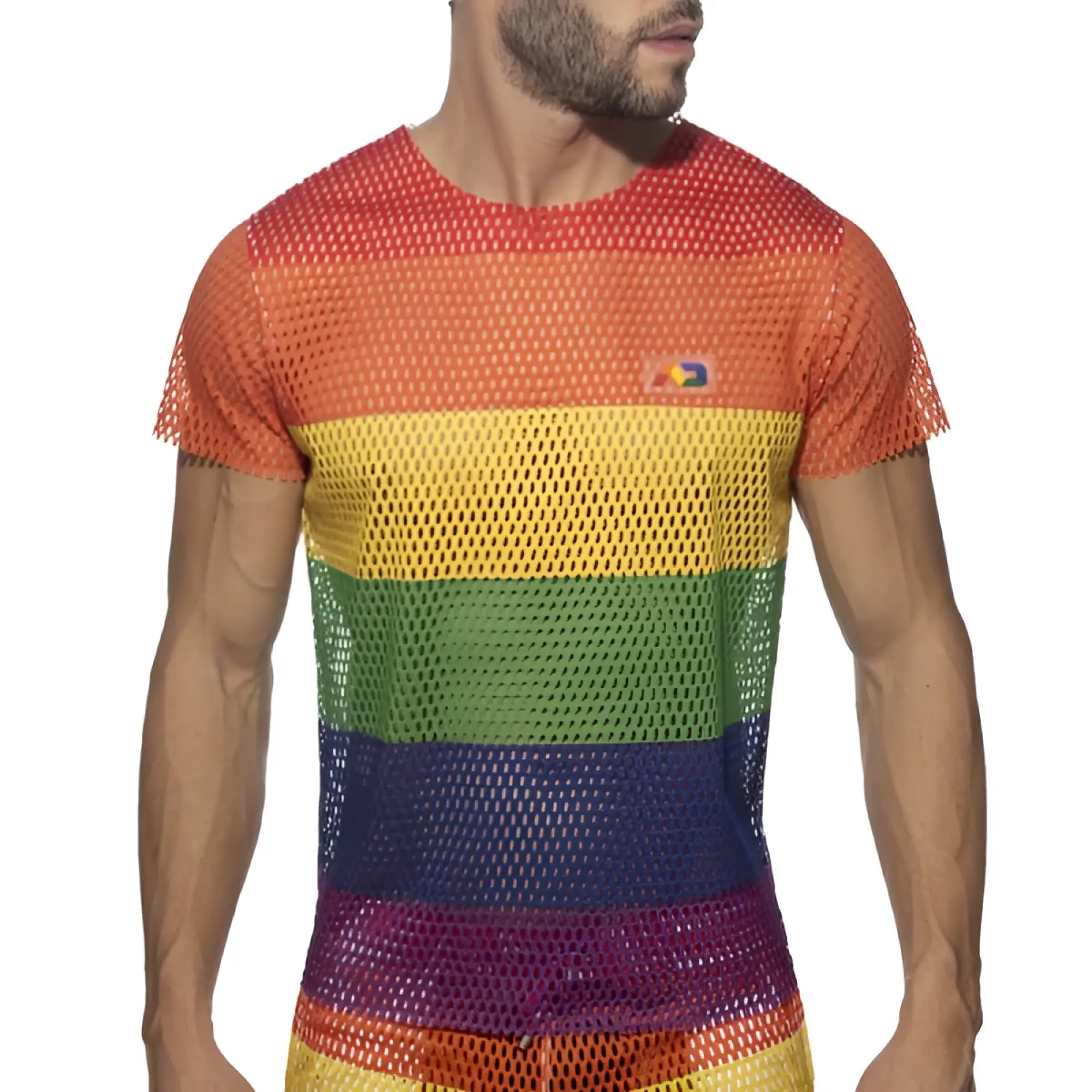 Mesh rainbow t-shirt for men featuring rainbow stripes and a small logo on the chest in breathable fabric