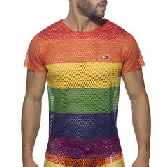 Mesh rainbow t-shirt for men featuring rainbow stripes and a small logo on the chest in breathable fabric