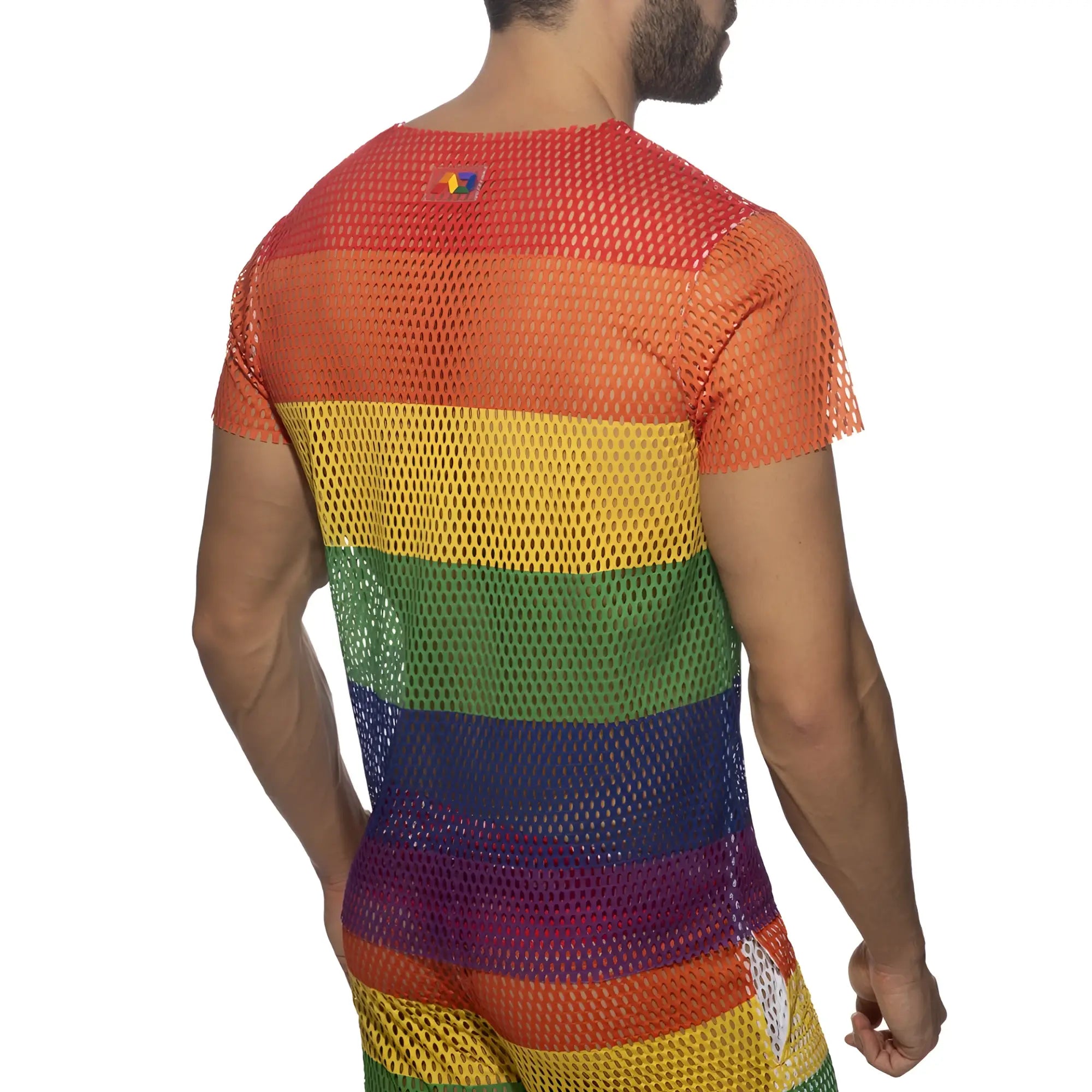 Mesh rainbow t-shirt with fitted design featuring rainbow stripes and short sleeves in breathable mesh fabric