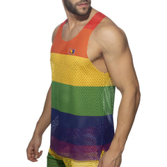 Mesh rainbow tank top featuring rainbow stripes and a small flag patch on the chest in breathable mesh material