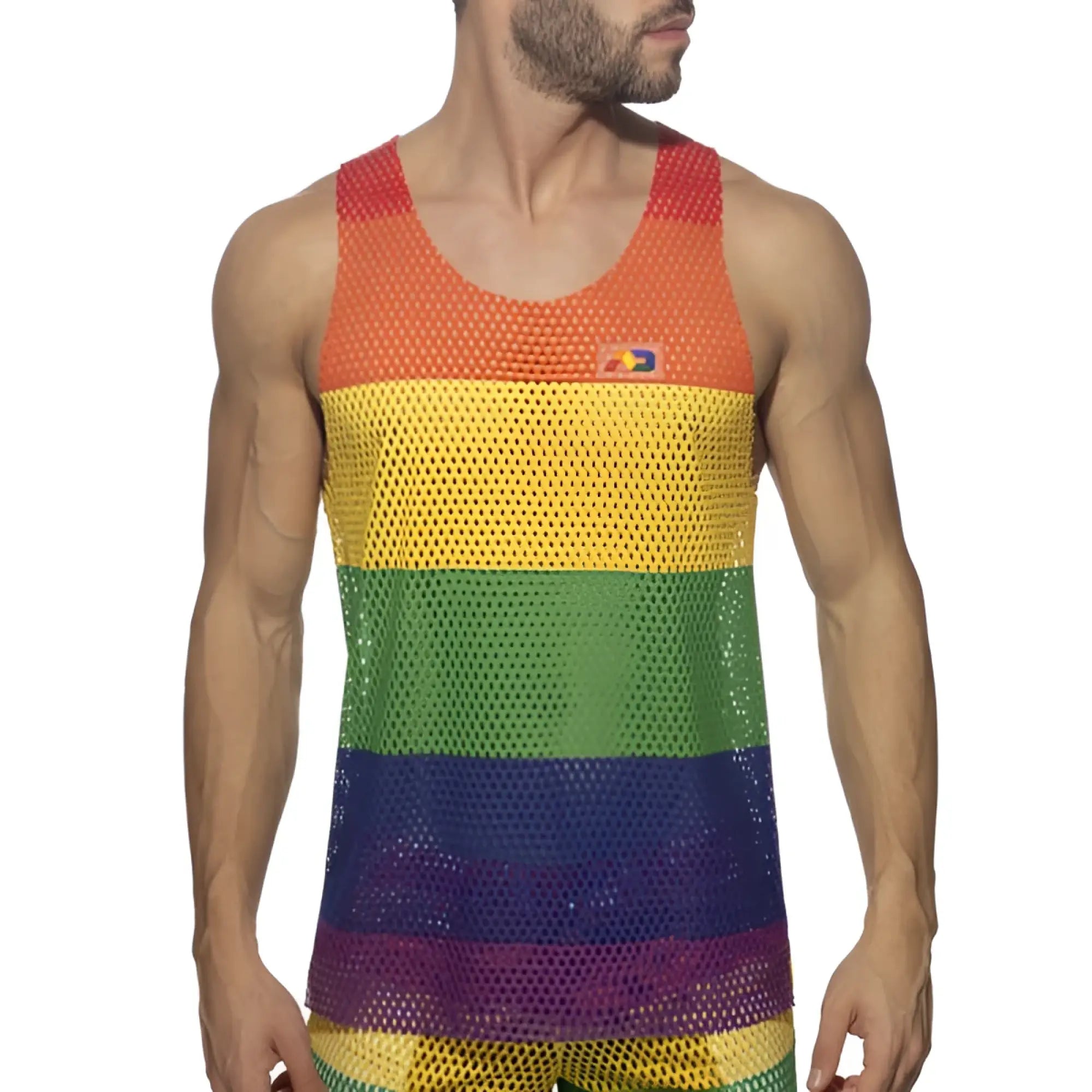Mesh rainbow tank top with rainbow stripes and a small logo on the upper left chest in breathable fabric