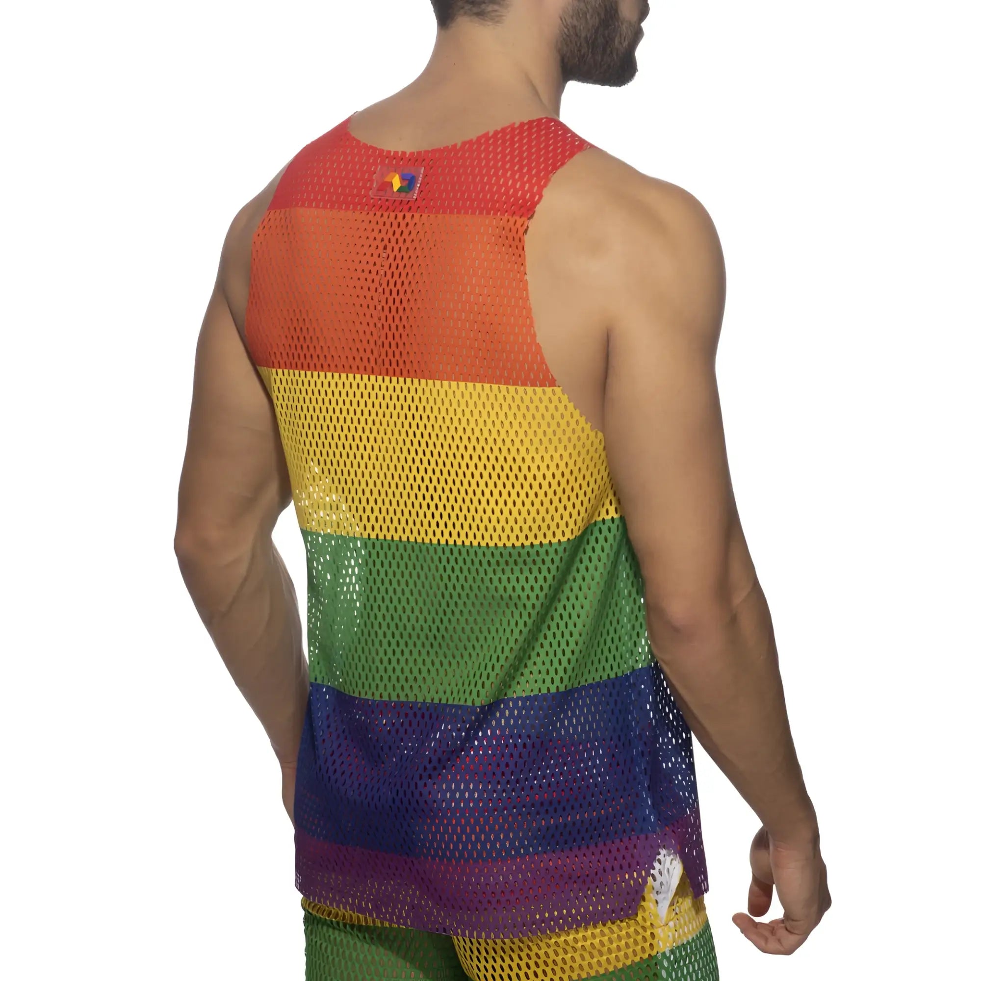 Mesh rainbow tank top featuring vibrant horizontal red orange yellow green blue and purple stripes in mesh fabric