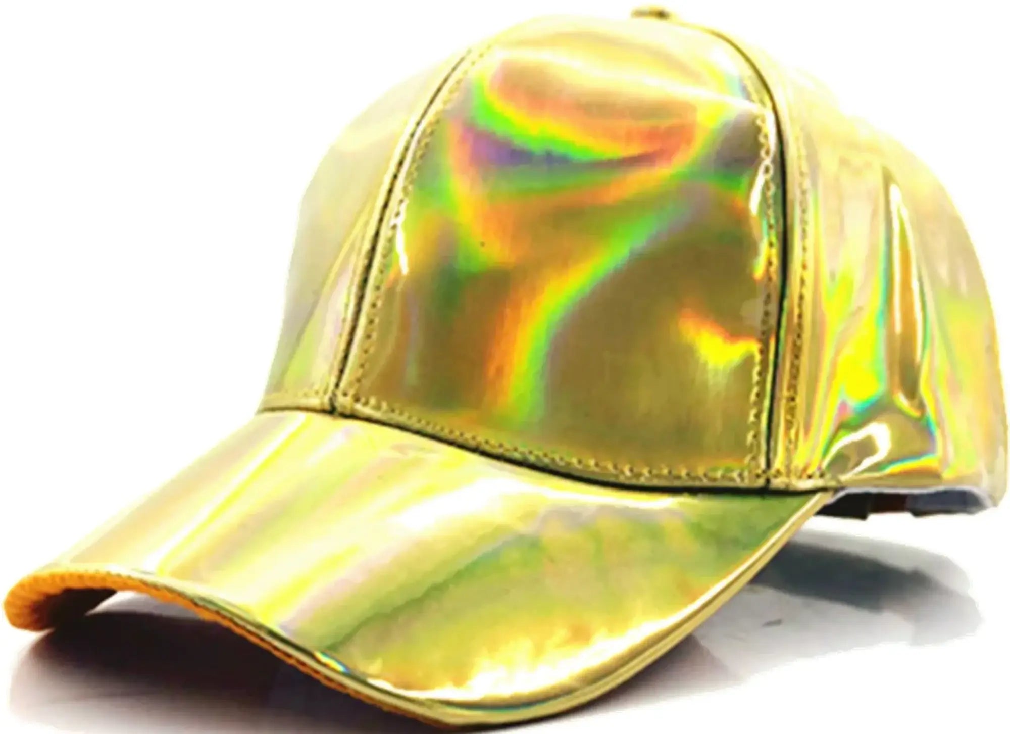 A shimmering gold metallic baseball cap with a reflective iridescent finish available in four colors