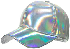 Metallic baseball cap with a shimmering holographic finish shifting between silver and rainbow hues available in four colors