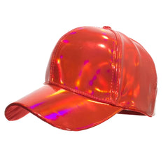 A vibrant holographic red metallic baseball cap with a glossy finish and iridescent reflections in 4 colors available