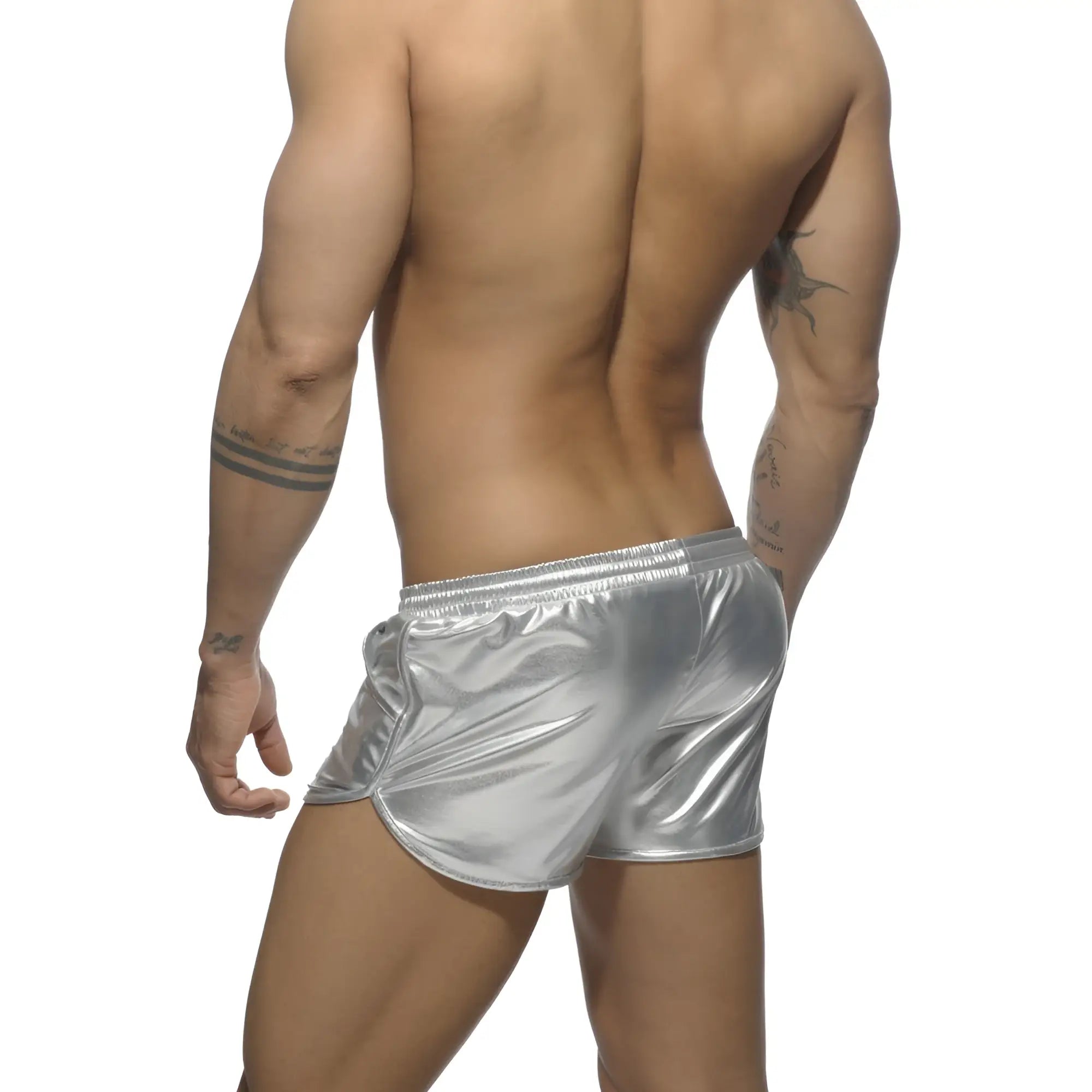 Shiny silver metallic shorts with a sleek form-fitting design from the metallic short collection