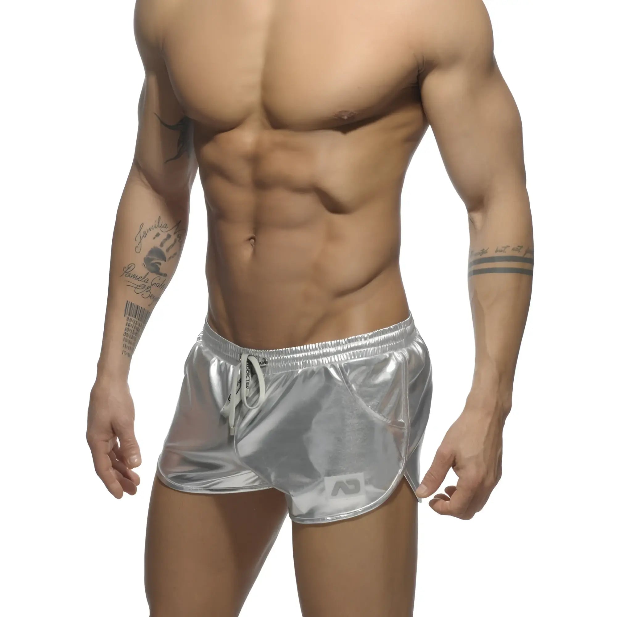 Shiny silver metallic shorts with a drawstring waistband and side pockets from the metallic short collection