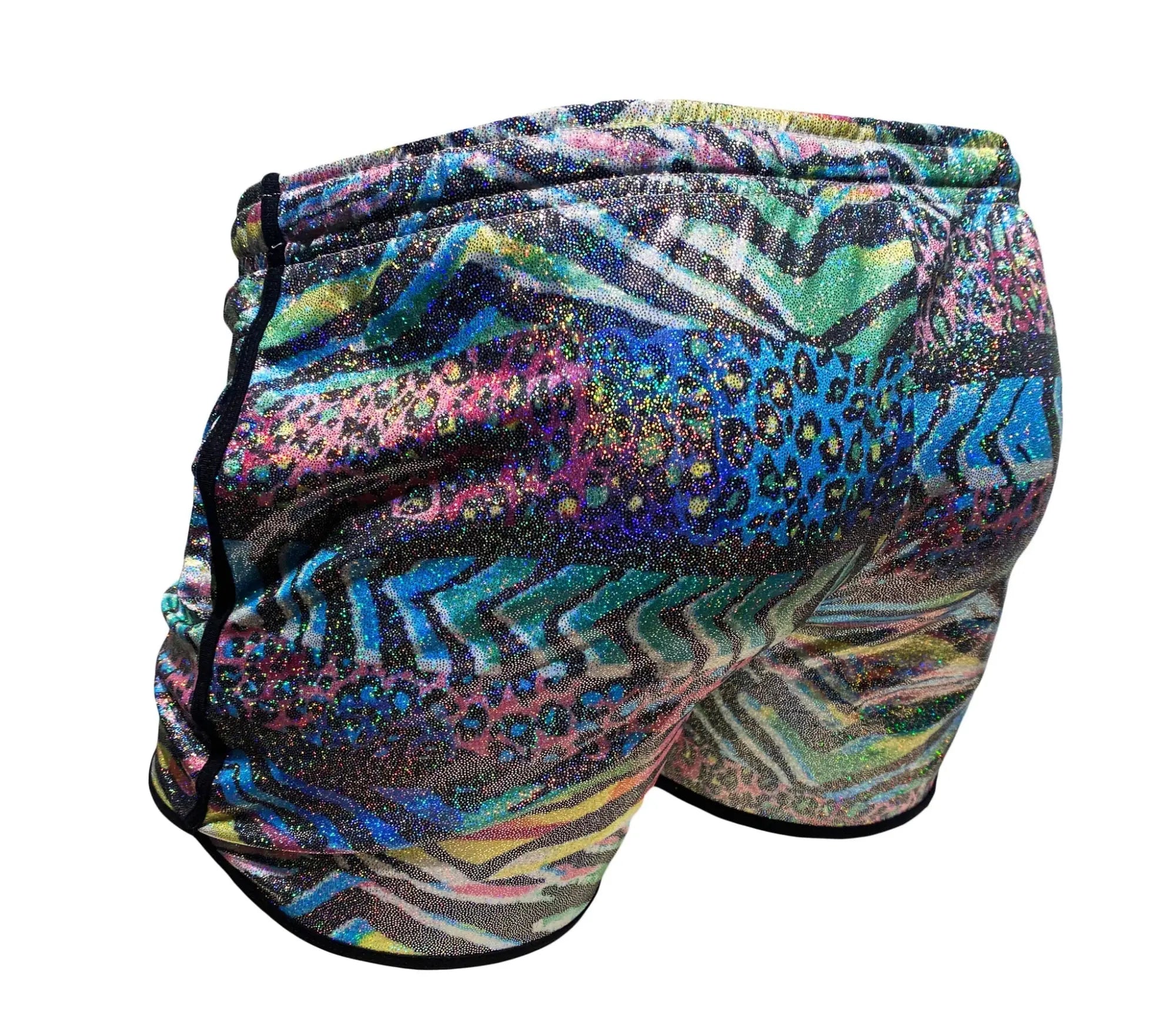 Vibrant multicolored metallic zebra pocket shorts with a glittery abstract pattern featuring zebra and leopard motifs