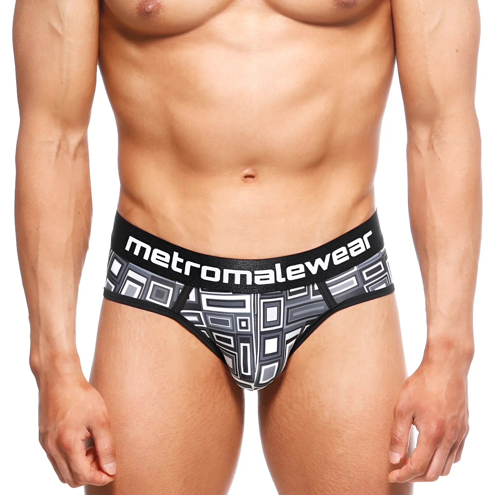 Black and gray geometric patterned men’s briefs with metromalewear waistband metroMaleWear 365 Hip Brief Basalto 9005-23