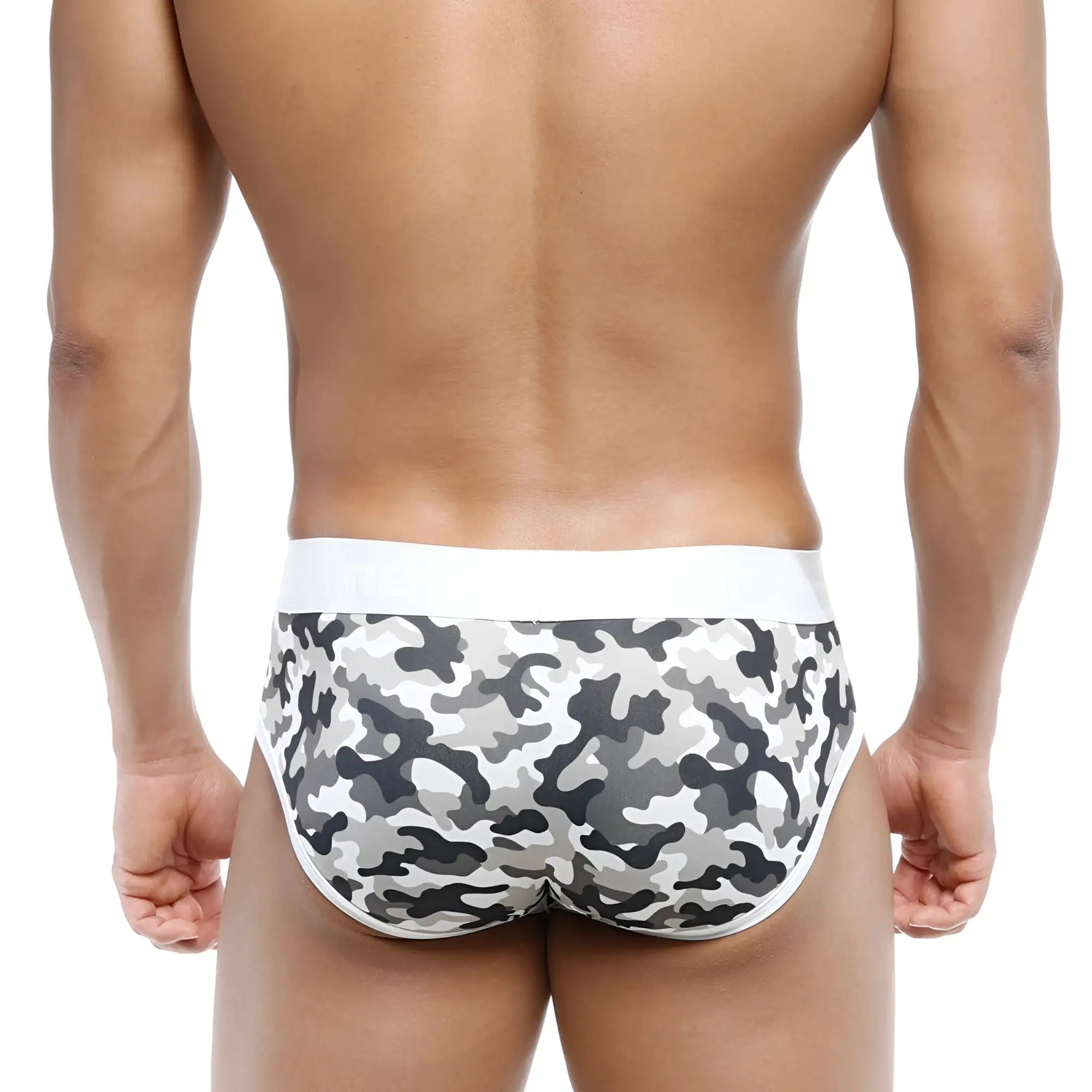 Gray and black camouflage metroMalewear 365 hip brief with white waistband designed for comfortable daily wear
