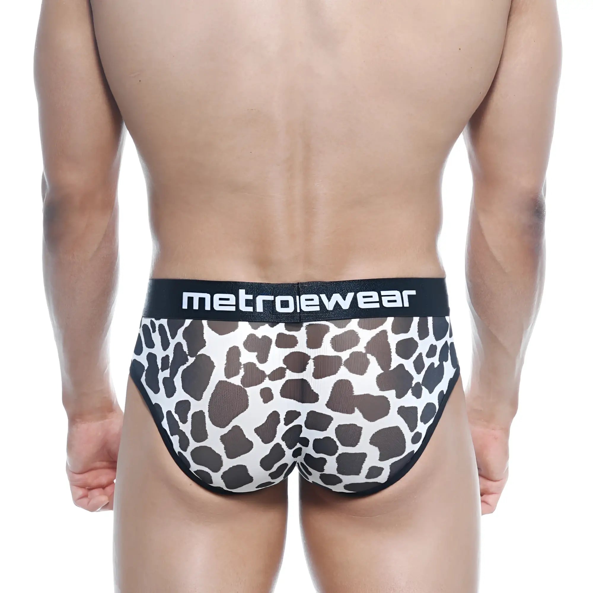 MetroMaleWear 365 hip brief Dalmatian black and white cow print with black elastic waistband featuring MetroWear logo