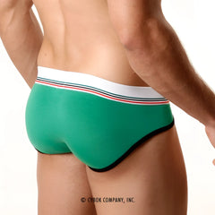 MetroMaleWear 365 hip brief green with white waistband striped red and blue, black trim for comfortable everyday wear