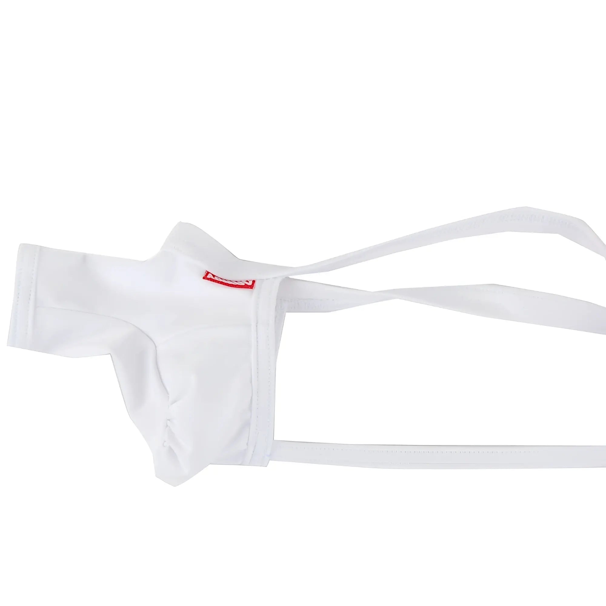 White fabric jockstrap with thin straps and a small red logo on the waistband from MetroMaleWear 3D Chaps Thongs 0007-00