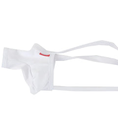 White fabric jockstrap with thin straps and a small red logo on the waistband from MetroMaleWear 3D Chaps Thongs 0007-00